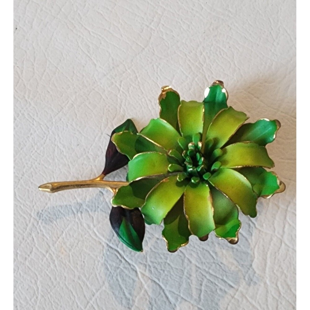 Vintage 1950-60s 2-Tone Green Enamel Layered Metal Huge Flower Brooch Pin 4" - Picture 4 of 6